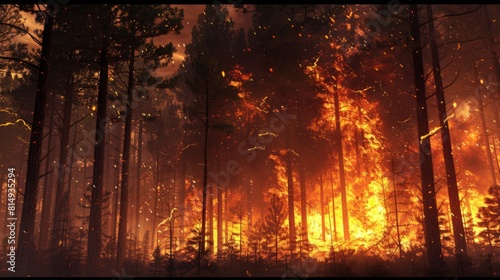 Forest fire with trees on fire a forest on fire  trees burning in the background  smoke and flames filling up all of the space - Generative AI