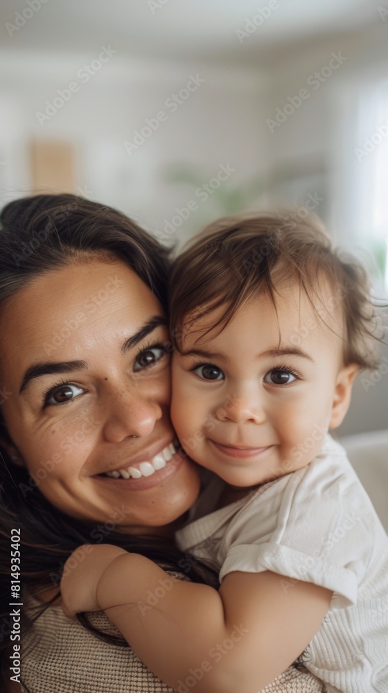 A joyful mother and child moment captured in a close-up portrait. A joyful mother and child moment captured in a close-up portrait.