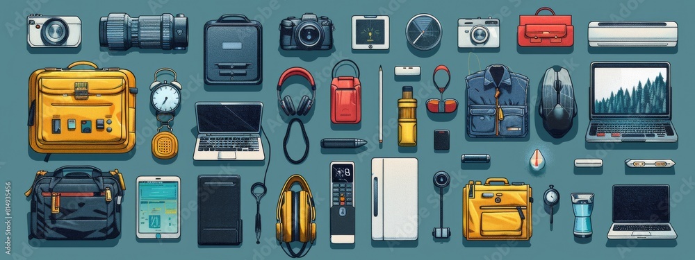 A collection of items including a laptop, camera, and backpack A collection of items including a laptop, camera, and backpack