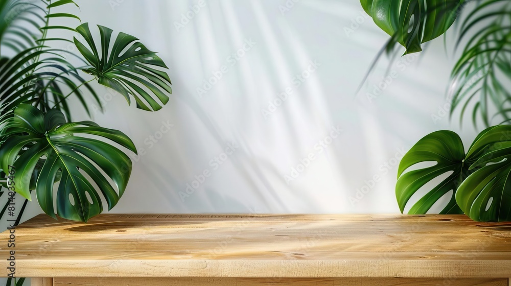 top corner of a wooden table top, indoor monstera plant leafs in the background, background wall is white and the scene is calm, top corner of a wooden table top, indoor monstera plant leafs in the background, background wall is white and the scene is calm,