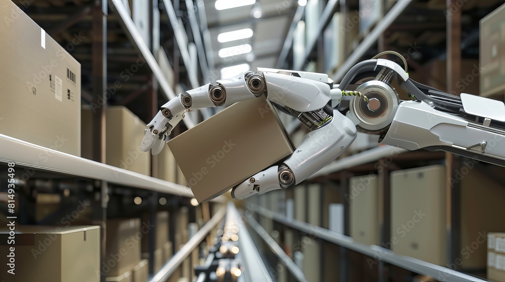An industrial robot arm retrieves a cardboard box from a roller conveyor rack in a storage warehouse. 3D rendering. An industrial robot arm retrieves a cardboard box from a roller conveyor rack in a storage warehouse. 3D rendering.