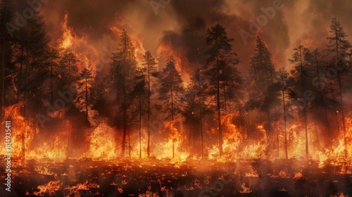 Forest fire with trees on fire a forest on fire, trees burning in the background, smoke and flames filling up all of the space - Generative AI