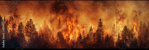 Forest fire with trees on fire a forest on fire, trees burning in the background, smoke and flames filling up all of the space - Generative AI photo