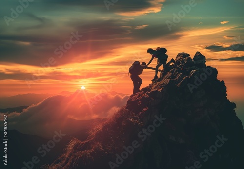 A hiker helping his friend reach the top of the mountain at sunset