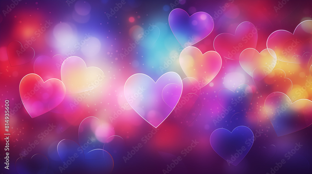 Background of glittering bokeh and shapes of hearts in rainbow colors Background of glittering bokeh and shapes of hearts in rainbow colors