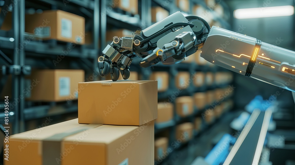 An industrial robot arm retrieves a cardboard box from a roller ...