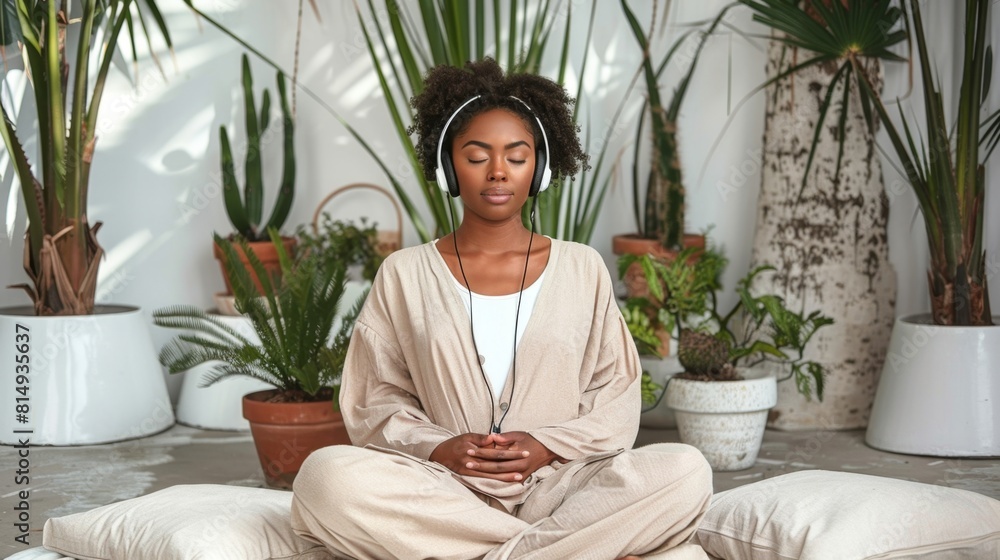 A woman in a beige robe meditating with her eyes closed wearing headphones surrounded by potted plants in a serene indoor setting. A woman in a beige robe meditating with her eyes closed wearing headphones surrounded by potted plants in a serene indoor setting.