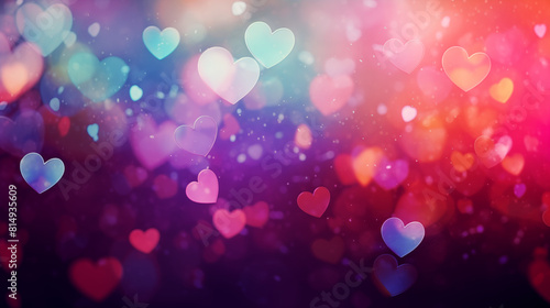 Background of glittering bokeh and shapes of hearts in rainbow colors
