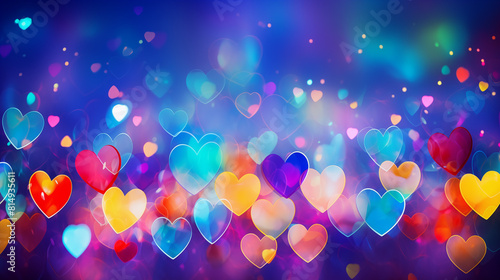 Background of glittering bokeh and shapes of hearts in rainbow colors