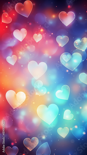 Background of glittering bokeh and shapes of hearts in rainbow colors