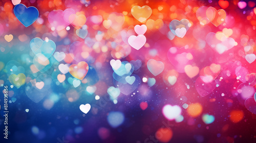 Background of glittering bokeh and shapes of hearts in rainbow colors