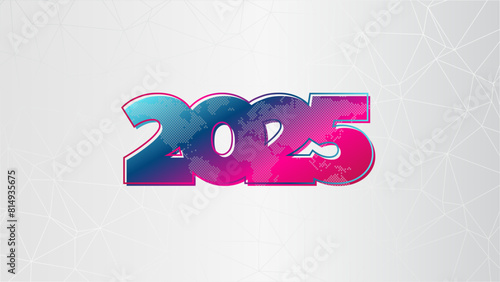 2025 Happy New Year symbol.  Low poly background. Blue pink gradient sign with world map. Vector illustration for celebration, holiday, event, congratulation, decoration, business, web design