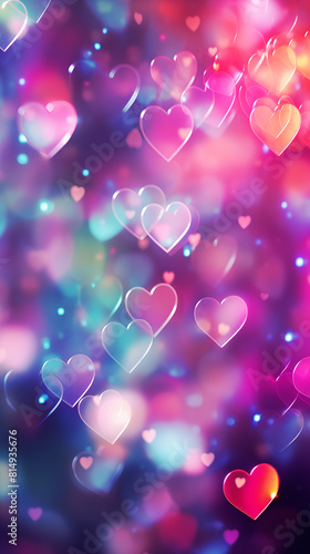 Background of glittering bokeh and shapes of hearts in rainbow colors