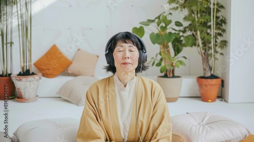 A woman in a beige robe meditates with closed eyes wearing headphones in a serene room with potted plants and pillows.