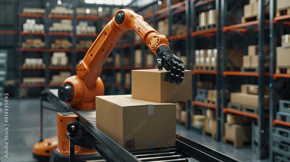 An industrial robot arm retrieves a cardboard box from a roller ...