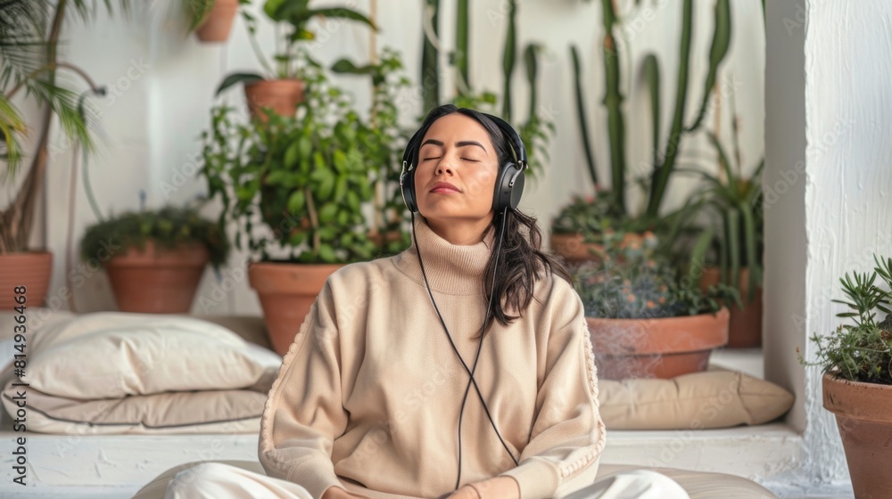 Woman meditating with eyes closed, wearing headphones, sitting cross-legged on a cushion, surrounded by potted plants in a peaceful indoor setting. Woman meditating with eyes closed, wearing headphones, sitting cross-legged on a cushion, surrounded by potted plants in a peaceful indoor setting.