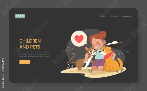 Children and Pets dark or night mode web, landing. Joyful interactions