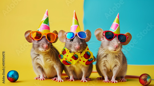 Three Mice Wearing Party Hats and Sunglasses photo