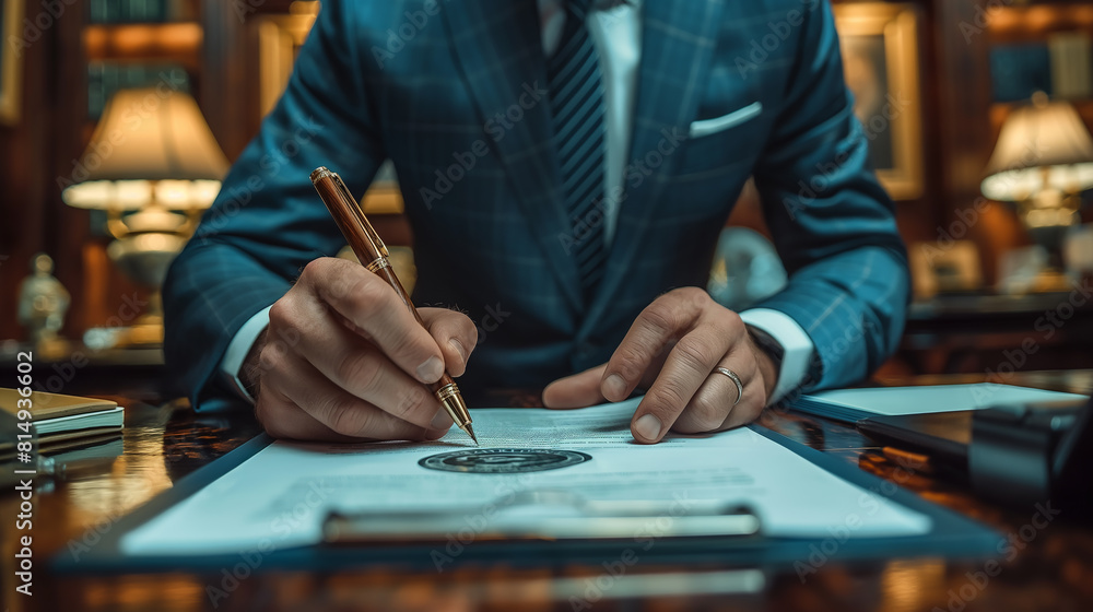 Close-up of a man signing a contract with a pen, Businessman signing contract at table in office. Businessman signing contract,