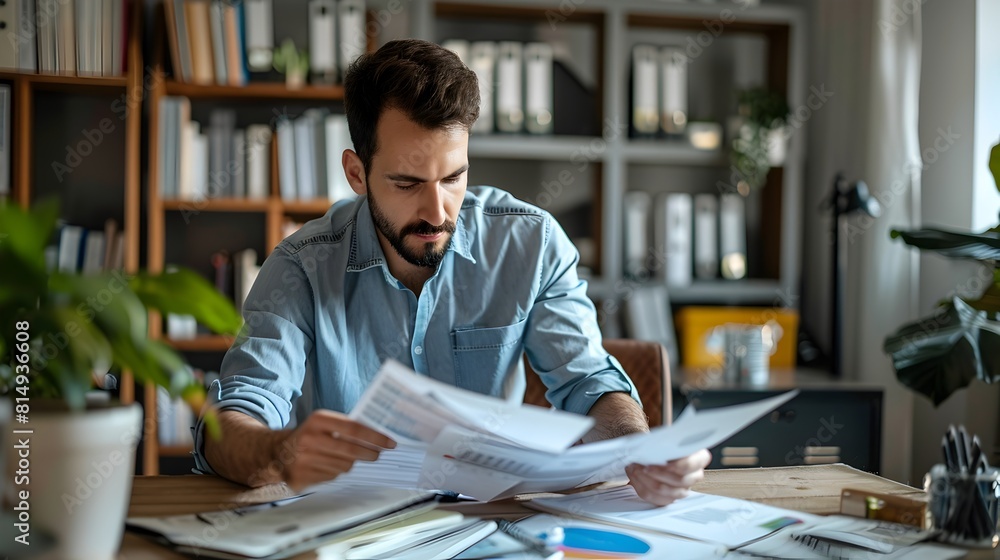 Businessman Evaluating Costs and Strategizing in His Office Businessman Evaluating Costs and Strategizing in His Office