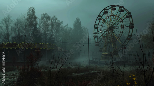 A deserted carnival ground, empty rides creaking in the wind, their faded colors taking on a sinister hue as darkness falls on a horror night. photo