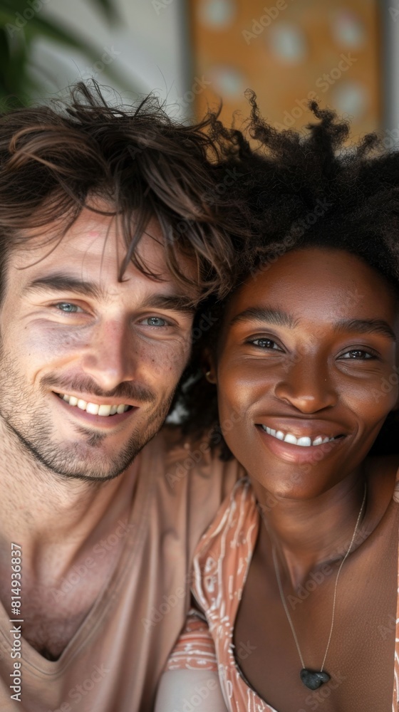 A close-up of a smiling couple with a blurred background showcasing their joy and connection. A close-up of a smiling couple with a blurred background showcasing their joy and connection.