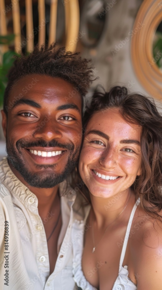Fototapeta premium A happy couple taking a selfie with warm smiles standing close together with a blurred background featuring a wooden structure and greenery.