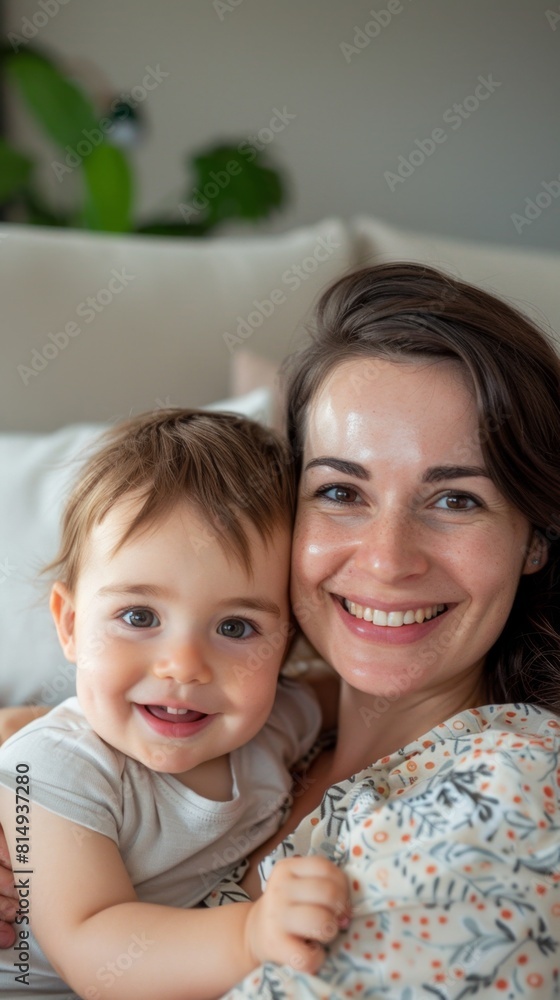 A joyful mother and child moment with the mother smiling warmly and holding her baby close both sharing a happy and loving connection. A joyful mother and child moment with the mother smiling warmly and holding her baby close both sharing a happy and loving connection.