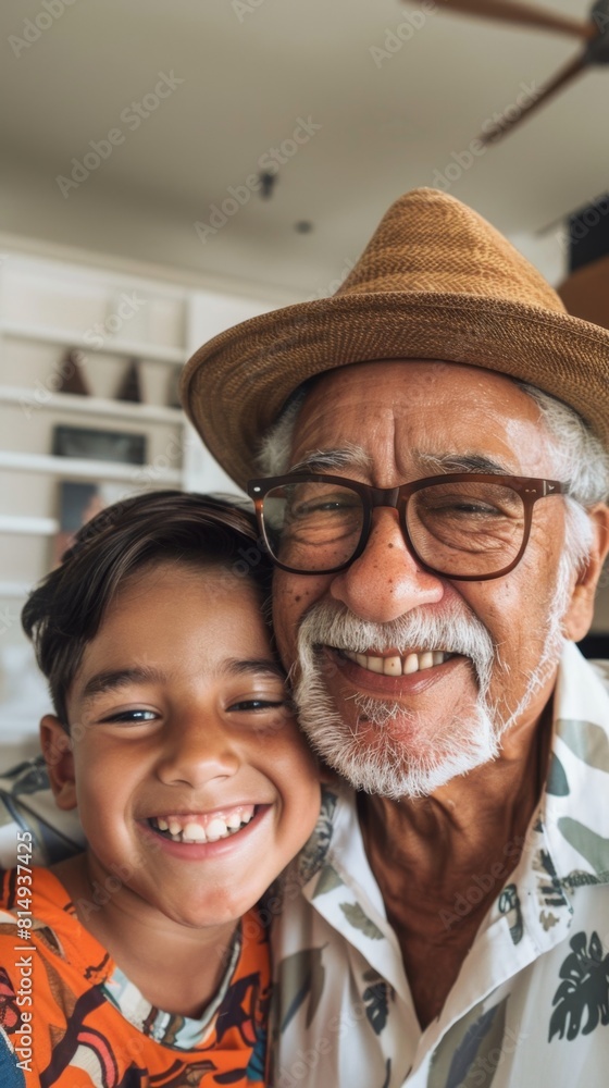 An elderly man with a straw hat and glasses smiling warmly em bracing a young boy who is also smiling both sharing a joyful moment. An elderly man with a straw hat and glasses smiling warmly em bracing a young boy who is also smiling both sharing a joyful moment.