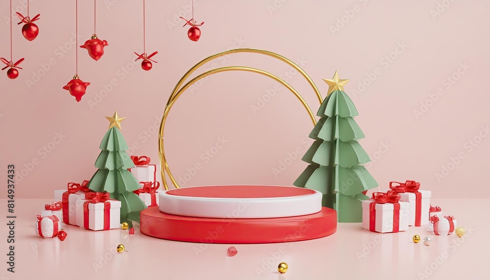 Merry christmas and happy new year with 3d empty podium product display and christmas ornaments or podium and element merry christmas to display product, Christmas Stage, podium and element Christmas 