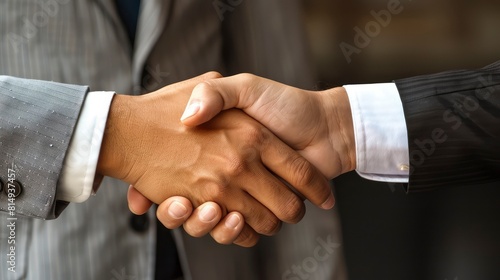 Businessmen shaking hands in a successful business deal against , signifying partnership, agreement, and professional collaboration, ideal for corporate and business concepts. Generative ai © Mina Nida