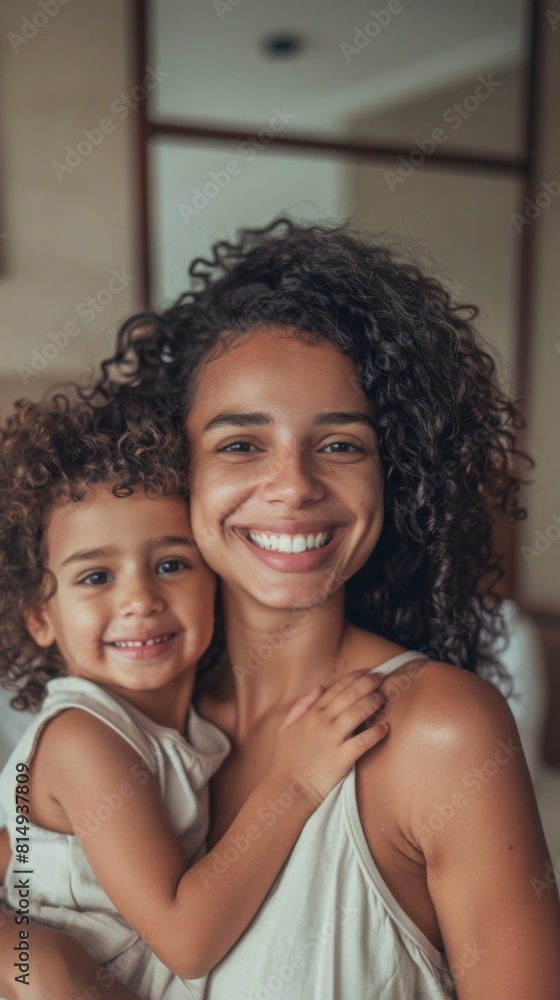 A joyful mother and daughter moment captured in a warm embrace with the mother's radiant smile and the child's innocent delight. A joyful mother and daughter moment captured in a warm embrace with the mother's radiant smile and the child's innocent delight.