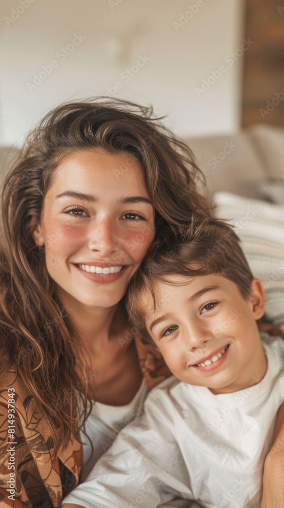 A warm candid moment between a smiling woman and a young boy both sharing a joyful expression with the woman's arm affectionately around the boy set against a soft-focus background. A warm candid moment between a smiling woman and a young boy both sharing a joyful expression with the woman's arm affectionately around the boy set against a soft-focus background.