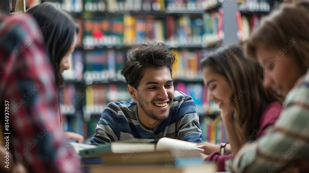 Happy young university students studying with books in library Group of multiracial people in college library : Generative AI Happy young university students studying with books in library Group of multiracial people in college library : Generative AI