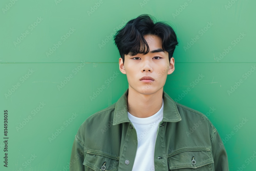 Handsome South Korean Man in Green Jacket. Generative AI. Handsome South Korean Man in Green Jacket. Generative AI.