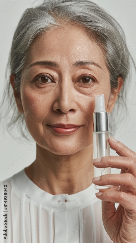 Woman with gray hair holding a skincare product smiling against a white background. Woman with gray hair holding a skincare product smiling against a white background.