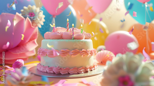 A festive  high-energy birthday party scene with a detailed cake in soft pastels  surrounded by a variety of colorful  floating balloons and bright decorations in the background .