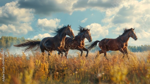 Herd of majestic horses galloping freely across a sunlit field captured in a dynamic composition