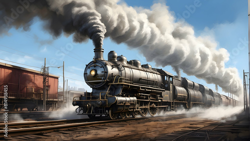 Digital art of a strong steam train chugging along on tracks with thick black smoke pouring from its chimney photo