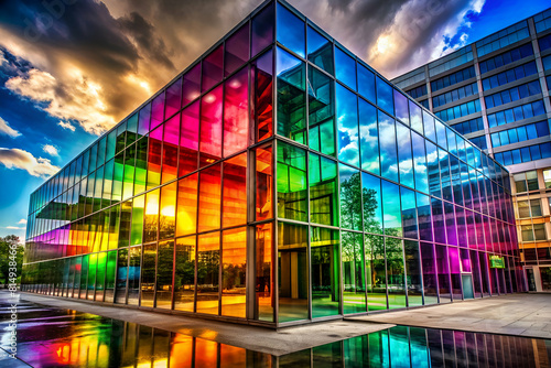 Artistic photo of a mirrored building reflecting a spectrum of colors from its surroundings  enhanced to enhance the hues