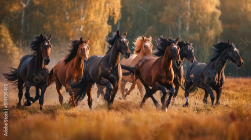Herd of majestic horses galloping freely across a sunlit field captured in a dynamic composition