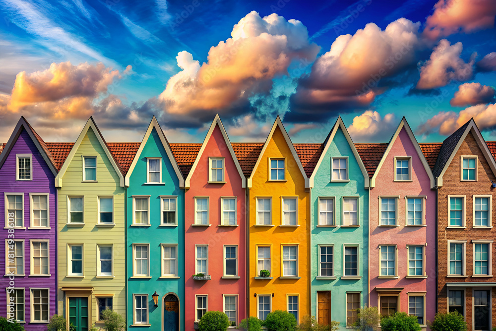 Whimsical drawing of a colorful townhouse row with exaggerated colors that pop against a soft pastel sky Whimsical drawing of a colorful townhouse row with exaggerated colors that pop against a soft pastel sky
