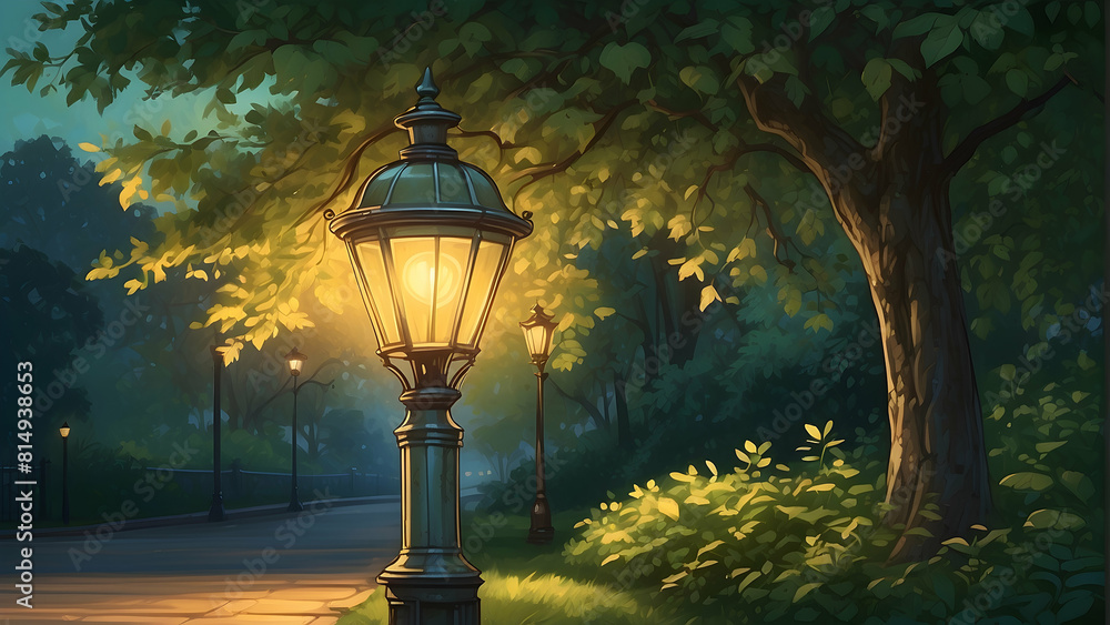 Naklejka premium Tranquil park with a warm glowing vintage lamppost guiding the way, emphasizing solitude and mystery of the night