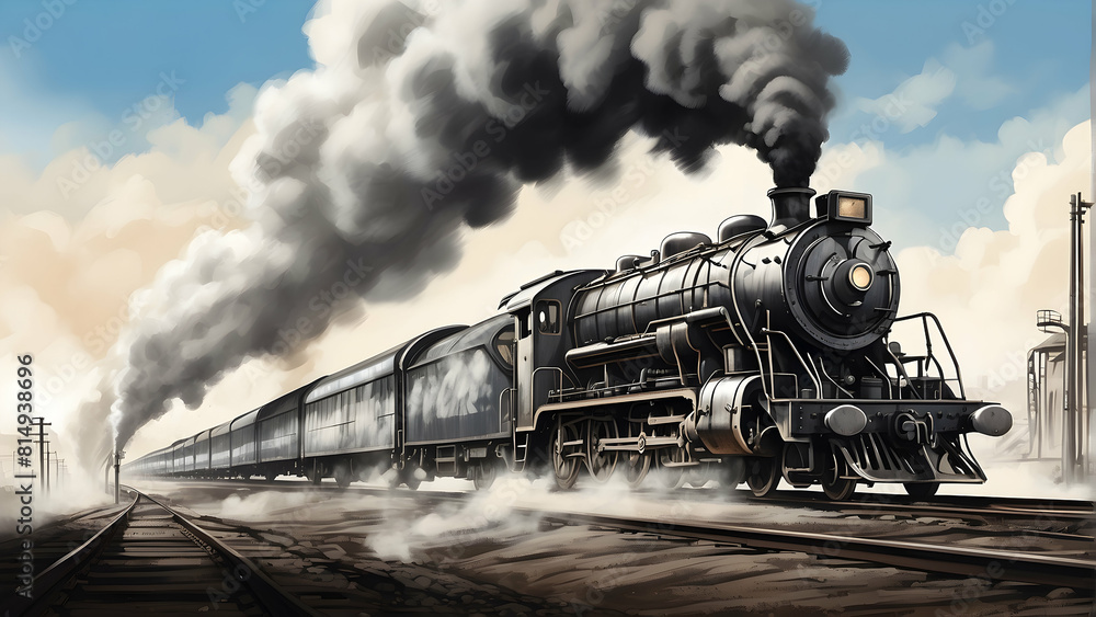 Naklejka premium A powerful vintage steam locomotive barrels down the tracks in this dynamic and richly detailed digital art piece