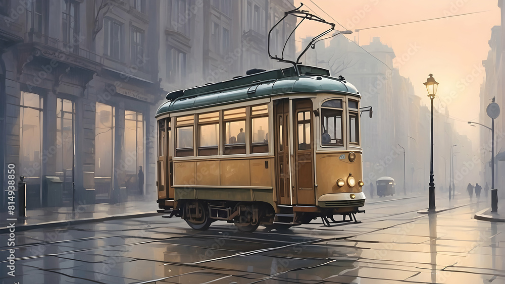 Naklejka premium An atmospheric depiction of a vintage tram meandering through the misty, dawn-lit streets of an old cityscape
