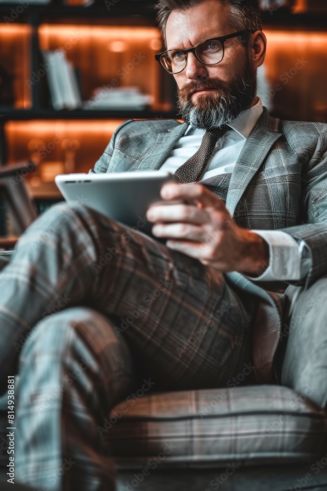 Businessman sitting with tablet in hand