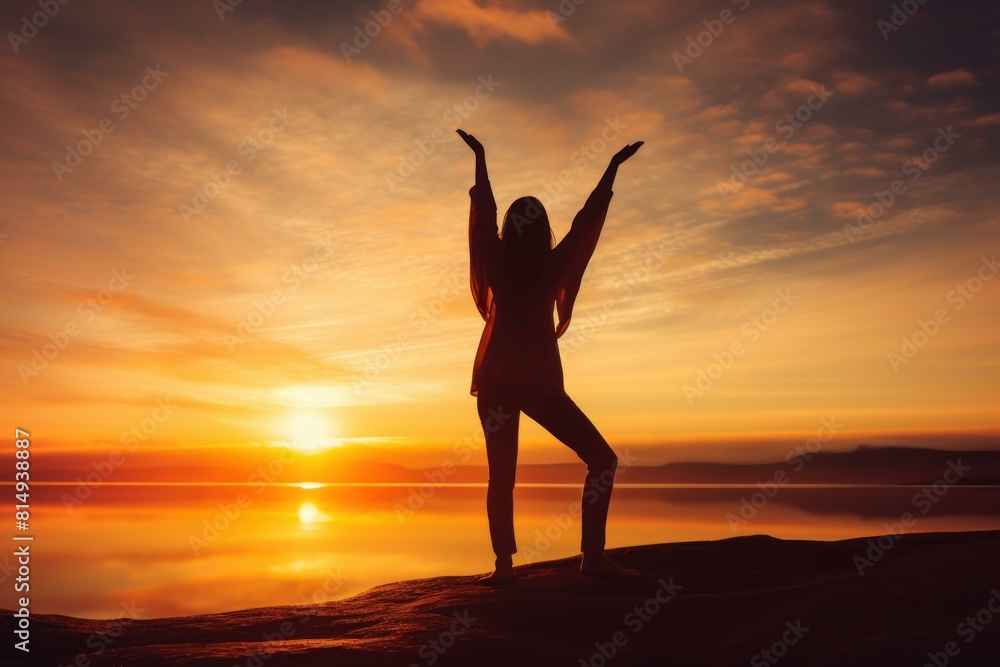Woman's silhouette stands with arms raised against a vibrant sunset over calm waters