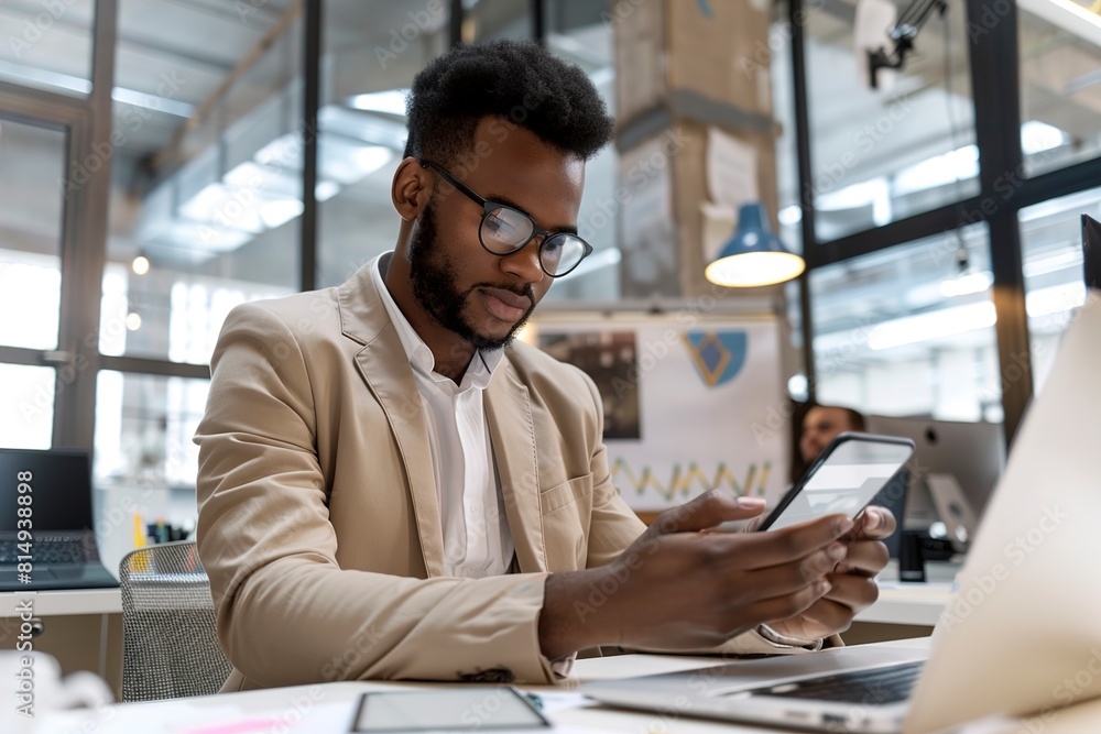 Businessman touching screen of smart phone in office Businessman touching screen of smart phone in office