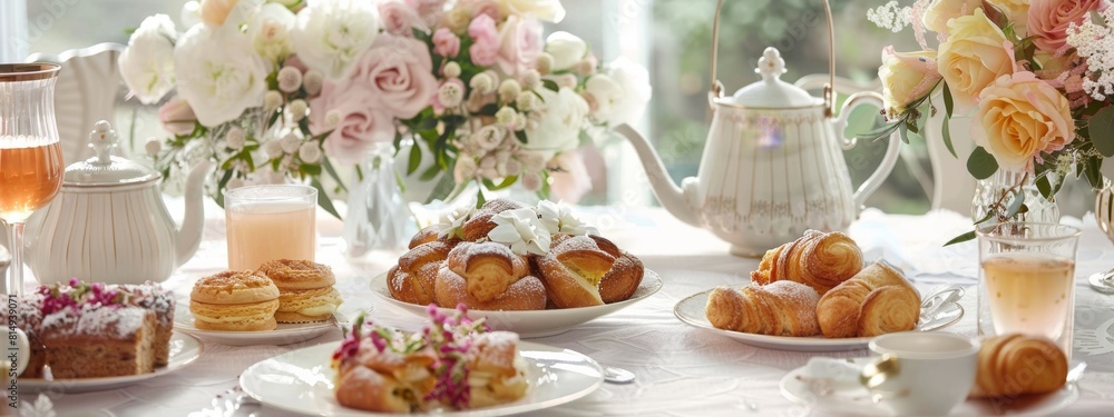 Naklejka premium A table with a variety of pastries and cakes