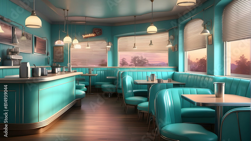 Sunlight streams into a retro diner with pastel teal booths and classic American diner aesthetics